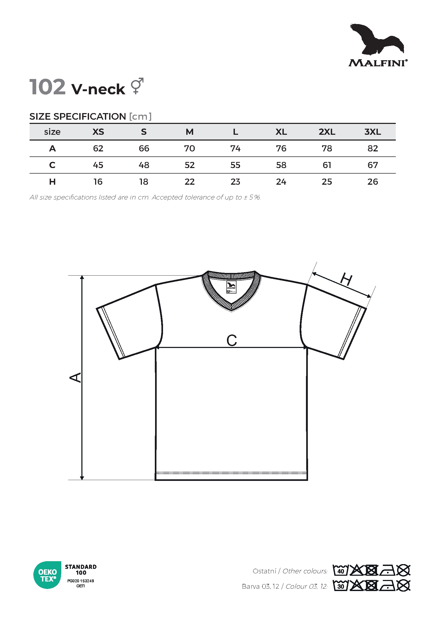 Tabulka velikostí produktu Tričko unisex V-neck 102 bílá