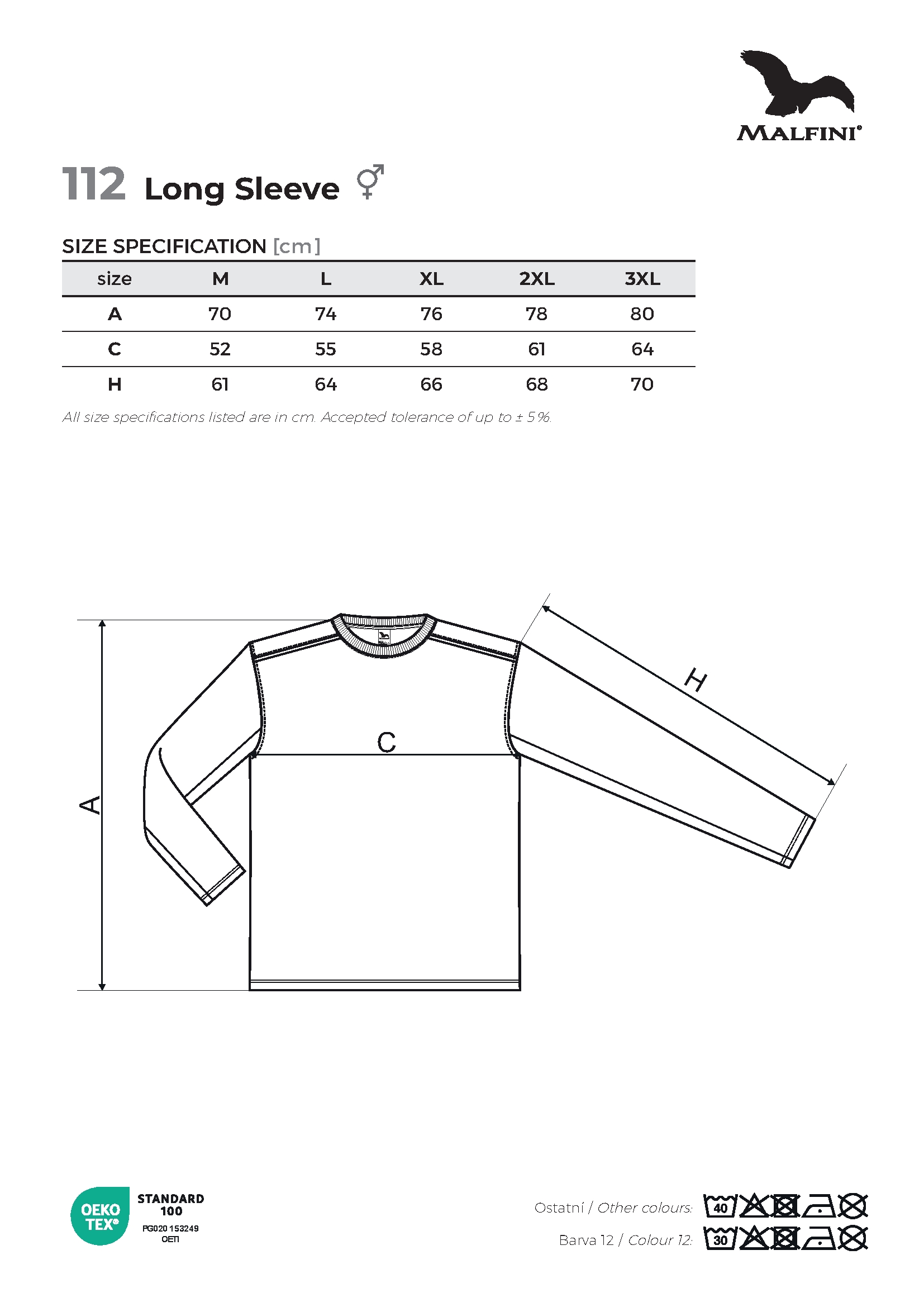 Tabulka velikostí produktu Triko unisex Long Sleeve 112 černá