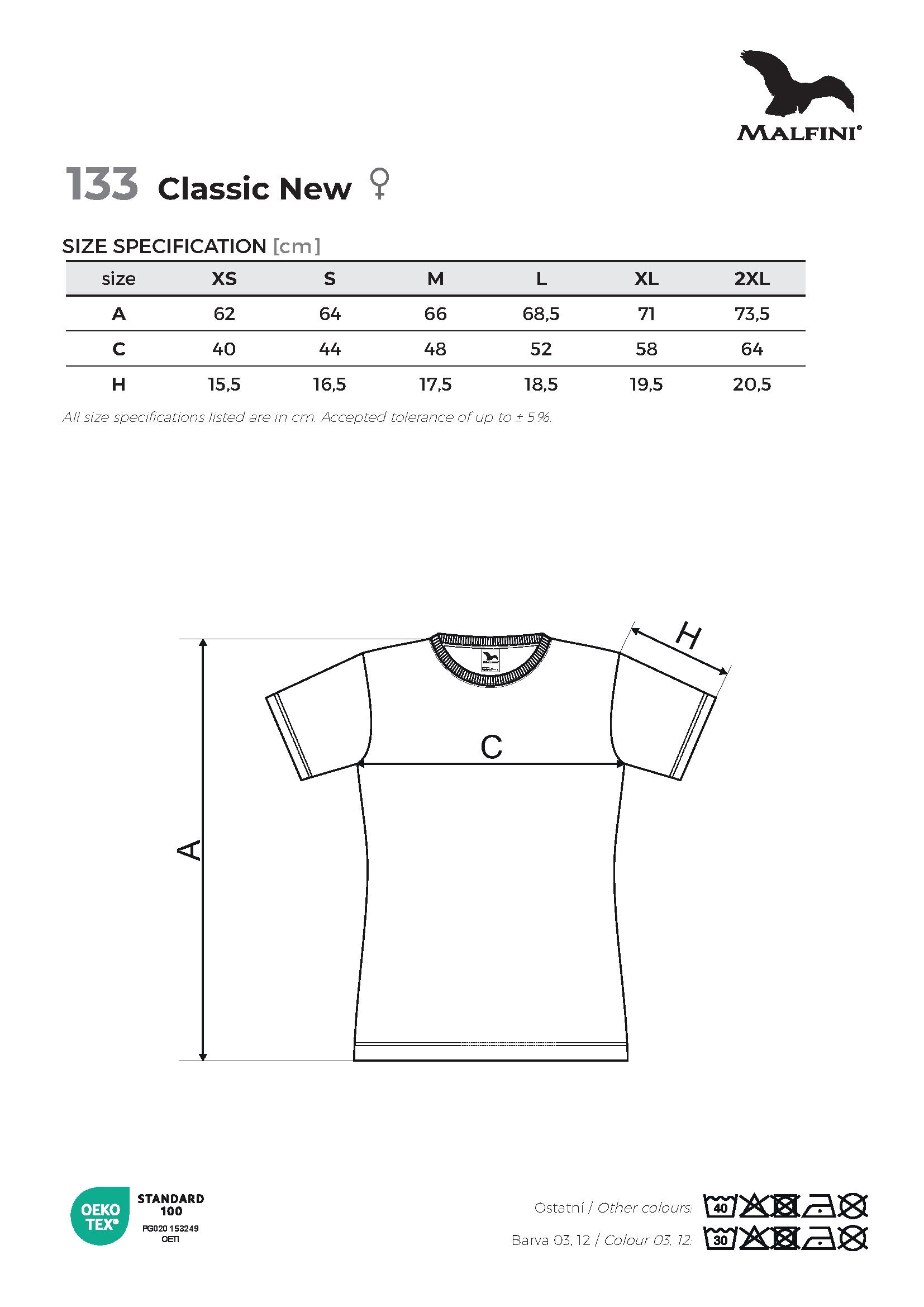 Tabulka velikostí produktu Tričko dámské Classic New 133 bílá